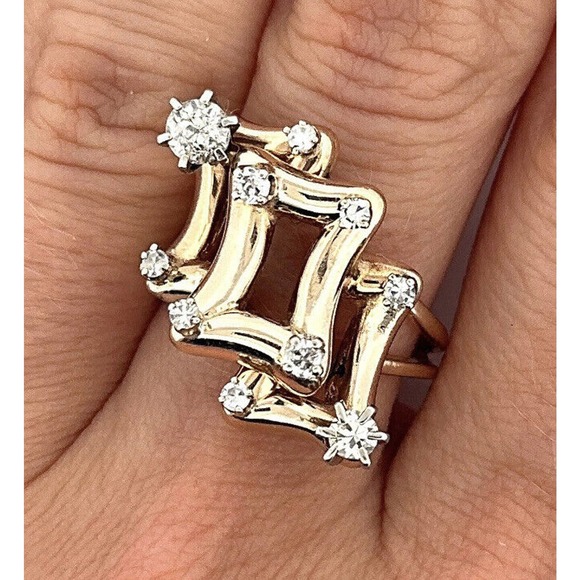 Vintage Gold Modernist Natural Diamonds Ring Geometric 14k Solid Yellow Gold